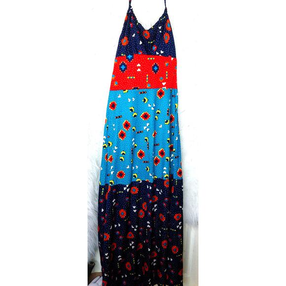 The Red Eye Spaghetti Strap Halter Colorful Patchwork Maxi Sundress Size 5 - Picture 2 of 12
